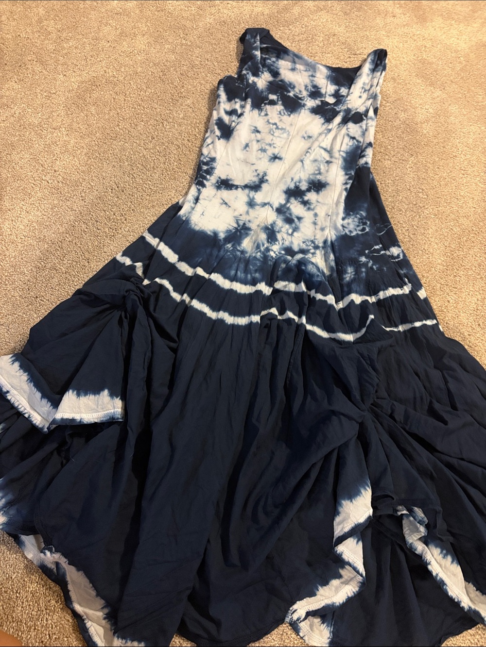 Tie-Dye Navy and White Maxi Dress with Scoop Neck